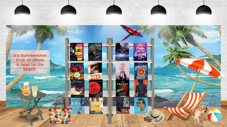 Virtual Display - It's Summertime!   Room with beach backdrop and links to YA eBooks for summer reading